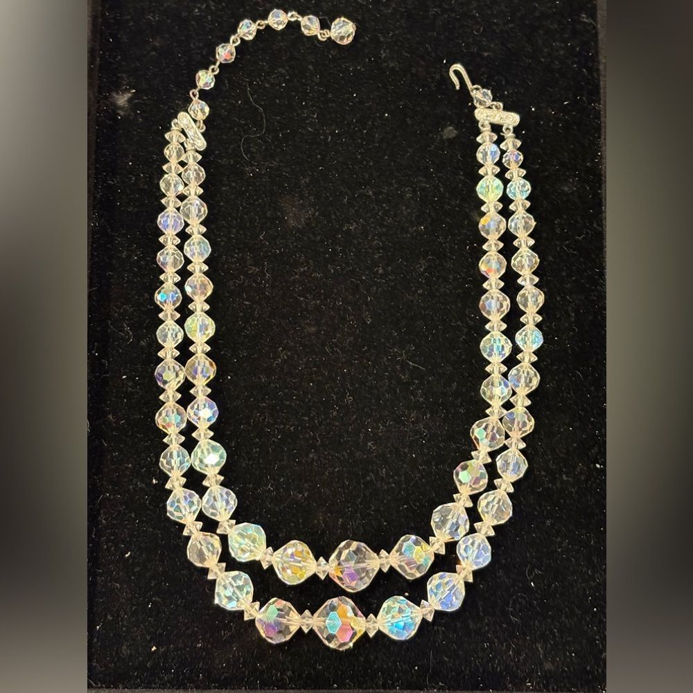 Vintage Crystal Faceted Aurora Borealis Beaded Necklace & Clip Earrings Set